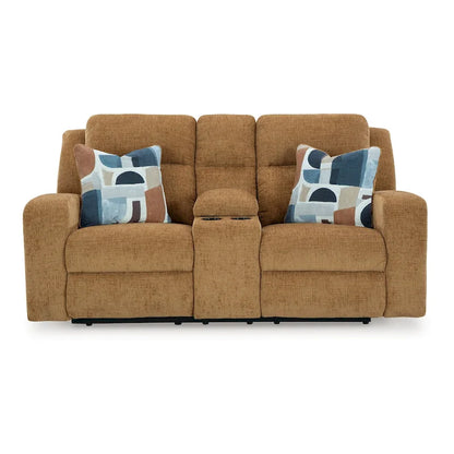 Damon Double Reclining Loveseat, Camel Brown Polyester, 2 Pillow