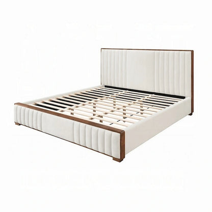 Lesa King Bed, Channel Tufted Beige Chenille Upholstery, Walnut Brown