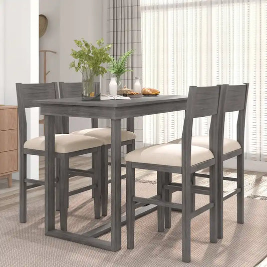 5 Pcs Counter Height Dining Table Set, Solid Wood Kitchen Dining Table Set with Rectangular Dining Table and 4 Dining Chairs