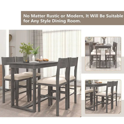 5 Pcs Counter Height Dining Table Set, Solid Wood Kitchen Dining Table Set with Rectangular Dining Table and 4 Dining Chairs