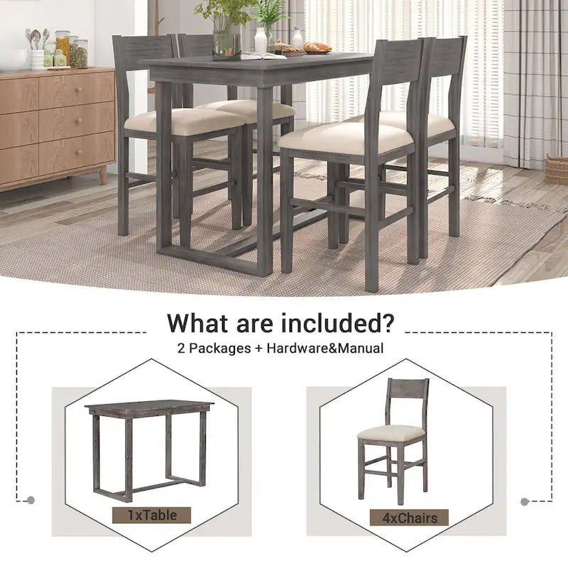 5 Pcs Counter Height Dining Table Set, Solid Wood Kitchen Dining Table Set with Rectangular Dining Table and 4 Dining Chairs