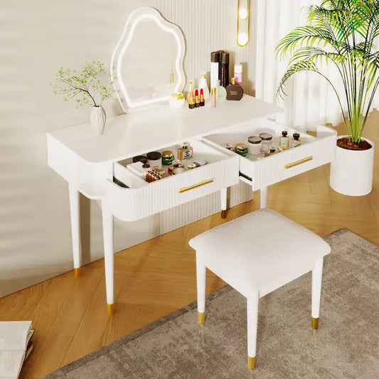 Vanity Table Set with Cushioned Stool, Dressing Table with Touch Screen LED Mirror, Makeup Table with 2 Drawers