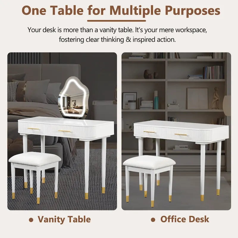 Vanity Table Set with Cushioned Stool, Dressing Table with Touch Screen LED Mirror, Makeup Table with 2 Drawers