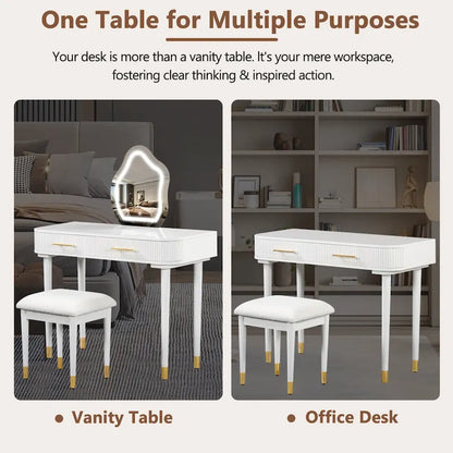 Vanity Table Set with Cushioned Stool, Dressing Table with Touch Screen LED Mirror, Makeup Table with 2 Drawers