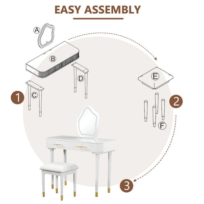 Vanity Table Set with Cushioned Stool, Dressing Table with Touch Screen LED Mirror, Makeup Table with 2 Drawers