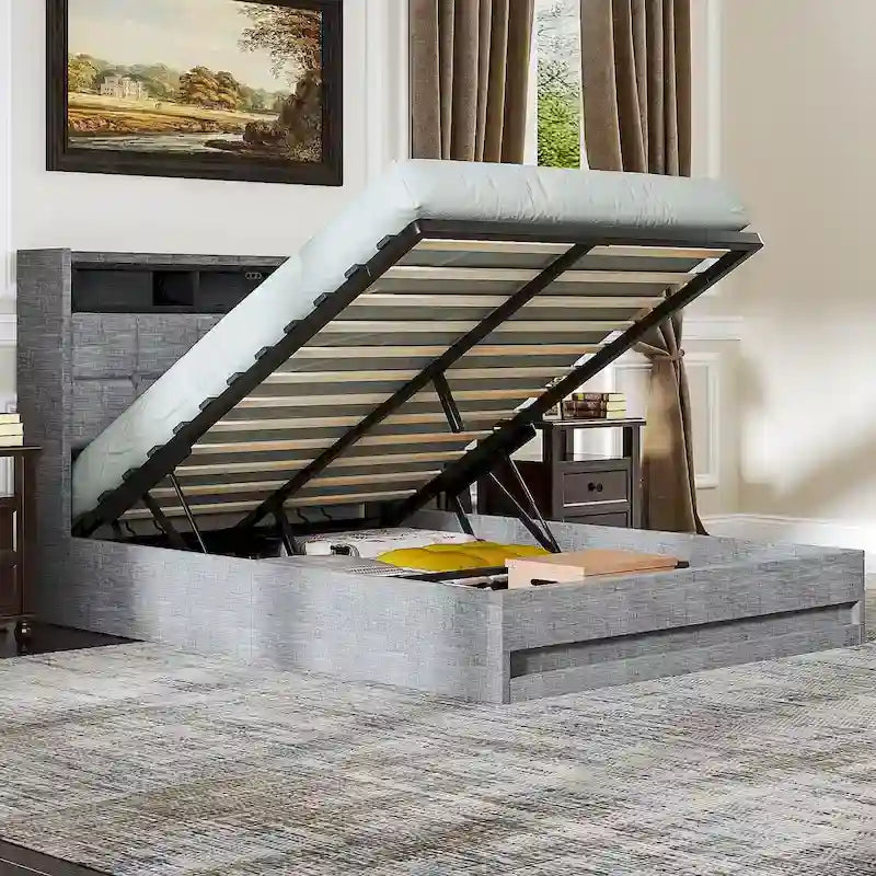 VECELO Lift Up Storage Bed/Modern Wingback Headboard/Upholstered Platform Bed Frame/Hydraulic Storage