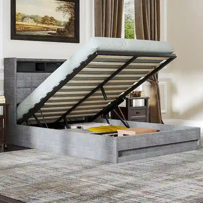 VECELO Lift Up Storage Bed/Modern Wingback Headboard/Upholstered Platform Bed Frame/Hydraulic Storage