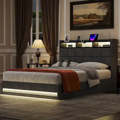 VECELO Lift Up Storage Bed/Modern Wingback Headboard/Upholstered Platform Bed Frame/Hydraulic Storage