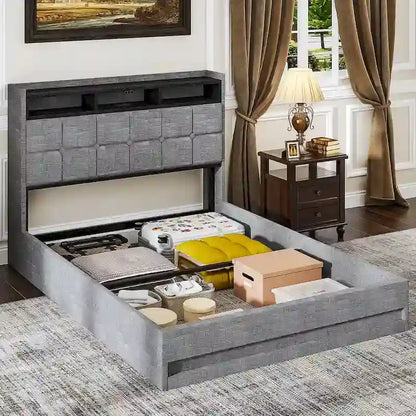 VECELO Lift Up Storage Bed/Modern Wingback Headboard/Upholstered Platform Bed Frame/Hydraulic Storage