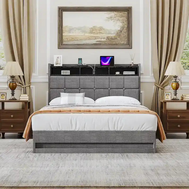 VECELO Lift Up Storage Bed/Modern Wingback Headboard/Upholstered Platform Bed Frame/Hydraulic Storage