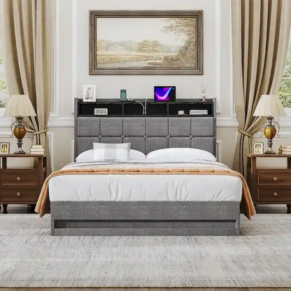 VECELO Lift Up Storage Bed/Modern Wingback Headboard/Upholstered Platform Bed Frame/Hydraulic Storage