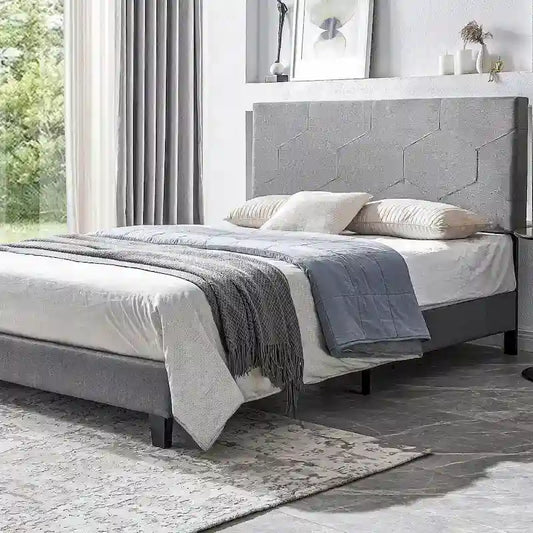 Queen Size Upholstered Platform Bed with Wood Slat Support for Bedroom