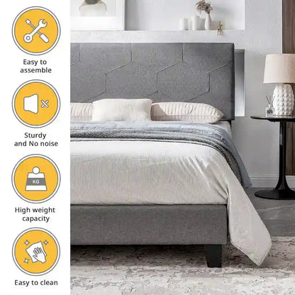 Queen Size Upholstered Platform Bed with Wood Slat Support for Bedroom
