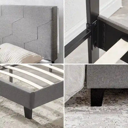 Queen Size Upholstered Platform Bed with Wood Slat Support for Bedroom