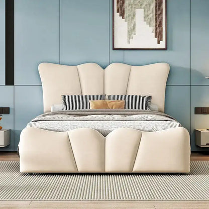 Beige Twin Size Velvet Bed with Distinctive Headboard and Footboard