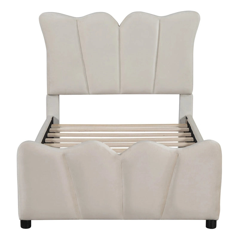 Beige Twin Size Velvet Bed with Distinctive Headboard and Footboard