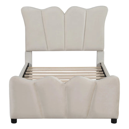 Beige Twin Size Velvet Bed with Distinctive Headboard and Footboard