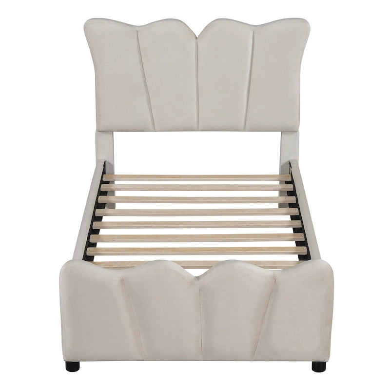 Beige Twin Size Velvet Bed with Distinctive Headboard and Footboard