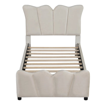 Beige Twin Size Velvet Bed with Distinctive Headboard and Footboard