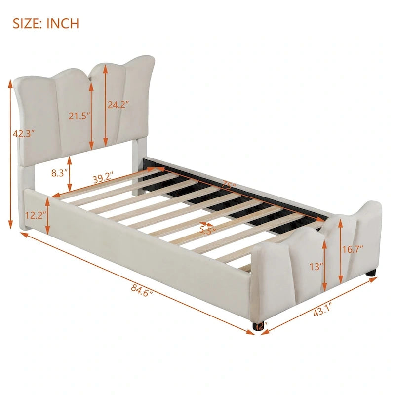 Beige Twin Size Velvet Bed with Distinctive Headboard and Footboard