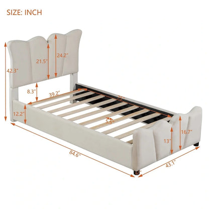 Beige Twin Size Velvet Bed with Distinctive Headboard and Footboard