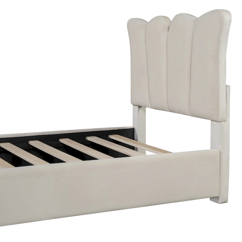 Beige Twin Size Velvet Bed with Distinctive Headboard and Footboard