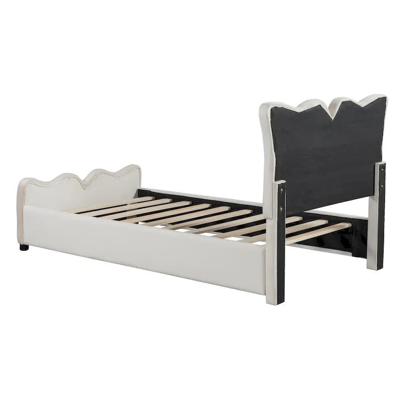 Beige Twin Size Velvet Bed with Distinctive Headboard and Footboard