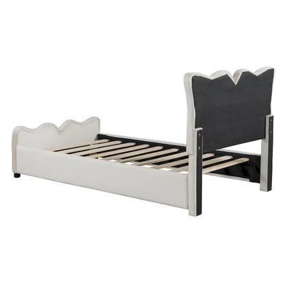 Beige Twin Size Velvet Bed with Distinctive Headboard and Footboard