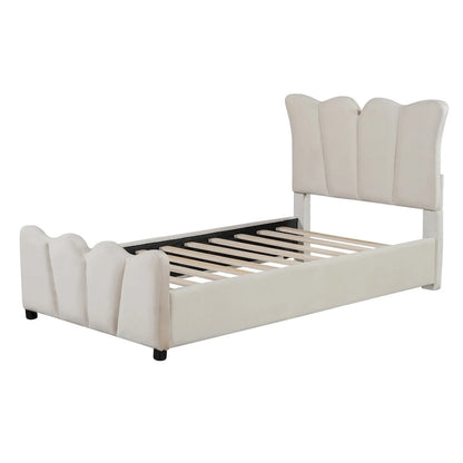 Beige Twin Size Velvet Bed with Distinctive Headboard and Footboard