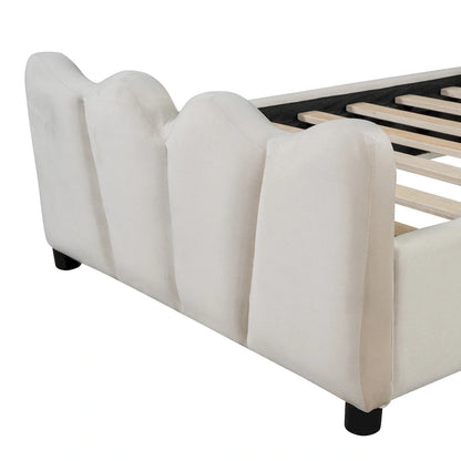 Beige Twin Size Velvet Bed with Distinctive Headboard and Footboard