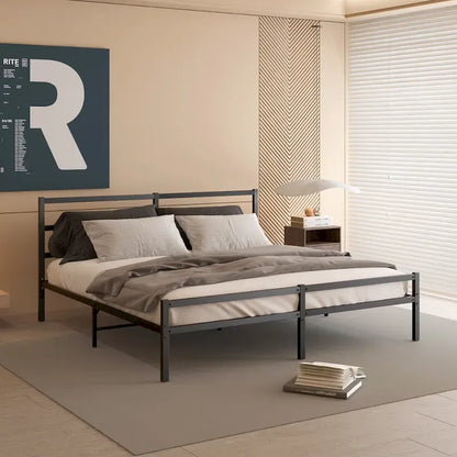 Black Metal King Platform Bed Frame with Headboard - Upgraded Folding Design