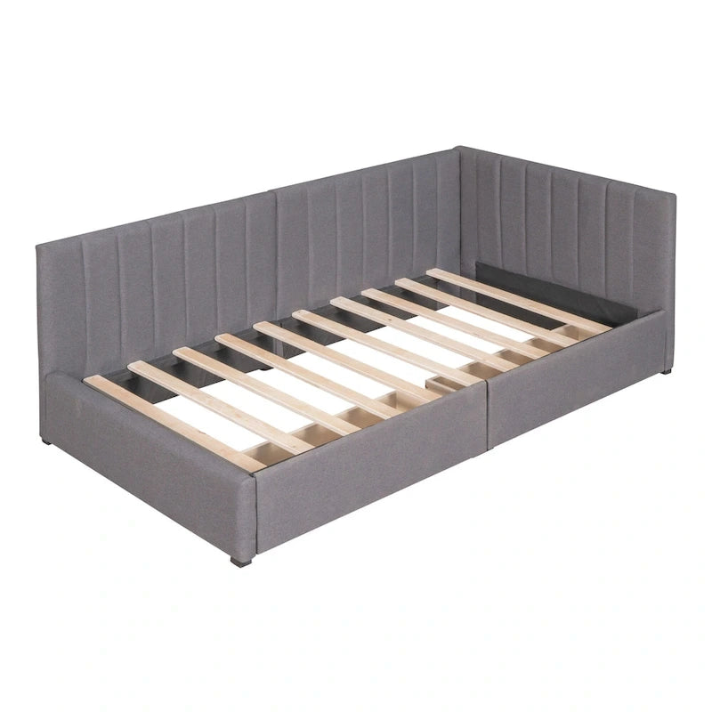 Grey Linen Upholstered Daybed with 2 Storage Drawers, Twin Size Sofa Bed Frame, No Box Spring Needed