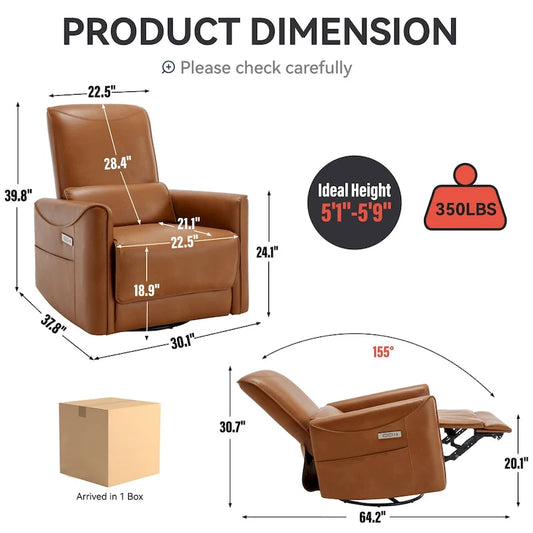 Brown Ergonomic Power Recliner with 270 Swivel, USB & Type-C Charging Ports, and Lumbar Support