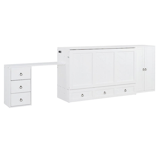 Queen Size Murphy Bed with USB Port, Large Drawer, and Desk