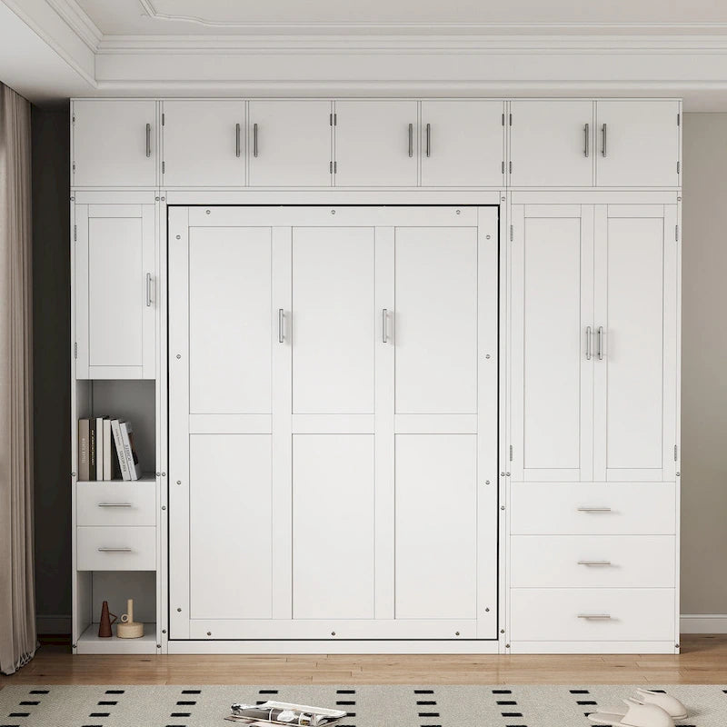 White Full Size Modern Murphy Bed with Drawers, Lockers, and Wardrobes