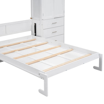 White Full Size Modern Murphy Bed with Drawers, Lockers, and Wardrobes