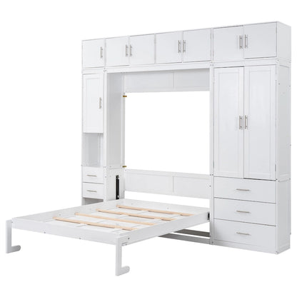 White Full Size Modern Murphy Bed with Drawers, Lockers, and Wardrobes