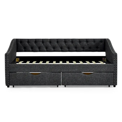 Twin Size Linen Upholstered Daybed Frame with 2 Drawers, Buttons Tufted Backrest, Copper Nail Decoration