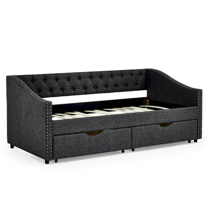 Twin Size Linen Upholstered Daybed Frame with 2 Drawers, Buttons Tufted Backrest, Copper Nail Decoration