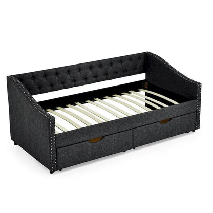 Twin Size Linen Upholstered Daybed Frame with 2 Drawers, Buttons Tufted Backrest, Copper Nail Decoration