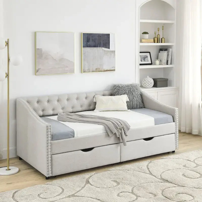 Twin Size Linen Upholstered Daybed Frame with 2 Drawers, Buttons Tufted Backrest, Copper Nail Decoration