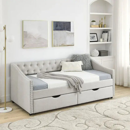 Twin Size Linen Upholstered Daybed Frame with 2 Drawers, Buttons Tufted Backrest, Copper Nail Decoration