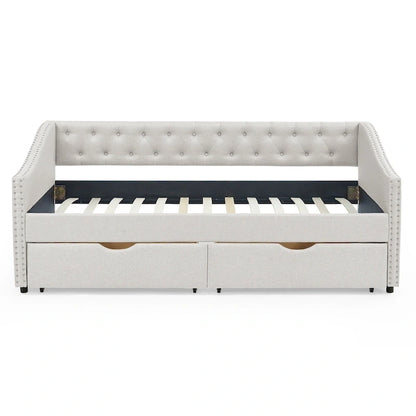 Twin Size Linen Upholstered Daybed Frame with 2 Drawers, Buttons Tufted Backrest, Copper Nail Decoration