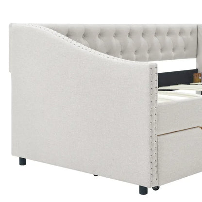 Twin Size Linen Upholstered Daybed Frame with 2 Drawers, Buttons Tufted Backrest, Copper Nail Decoration
