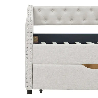 Twin Size Linen Upholstered Daybed Frame with 2 Drawers, Buttons Tufted Backrest, Copper Nail Decoration