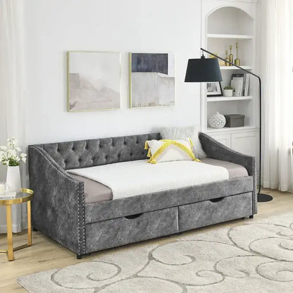 Twin Size Linen Upholstered Daybed Frame with 2 Drawers, Buttons Tufted Backrest, Copper Nail Decoration