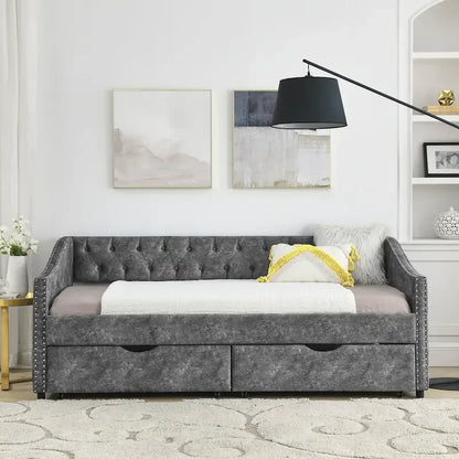 Twin Size Linen Upholstered Daybed Frame with 2 Drawers, Buttons Tufted Backrest, Copper Nail Decoration