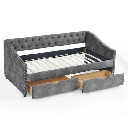 Twin Size Linen Upholstered Daybed Frame with 2 Drawers, Buttons Tufted Backrest, Copper Nail Decoration