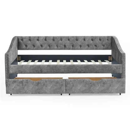 Twin Size Linen Upholstered Daybed Frame with 2 Drawers, Buttons Tufted Backrest, Copper Nail Decoration