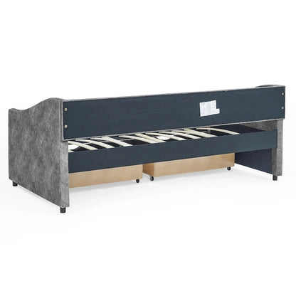 Twin Size Linen Upholstered Daybed Frame with 2 Drawers, Buttons Tufted Backrest, Copper Nail Decoration